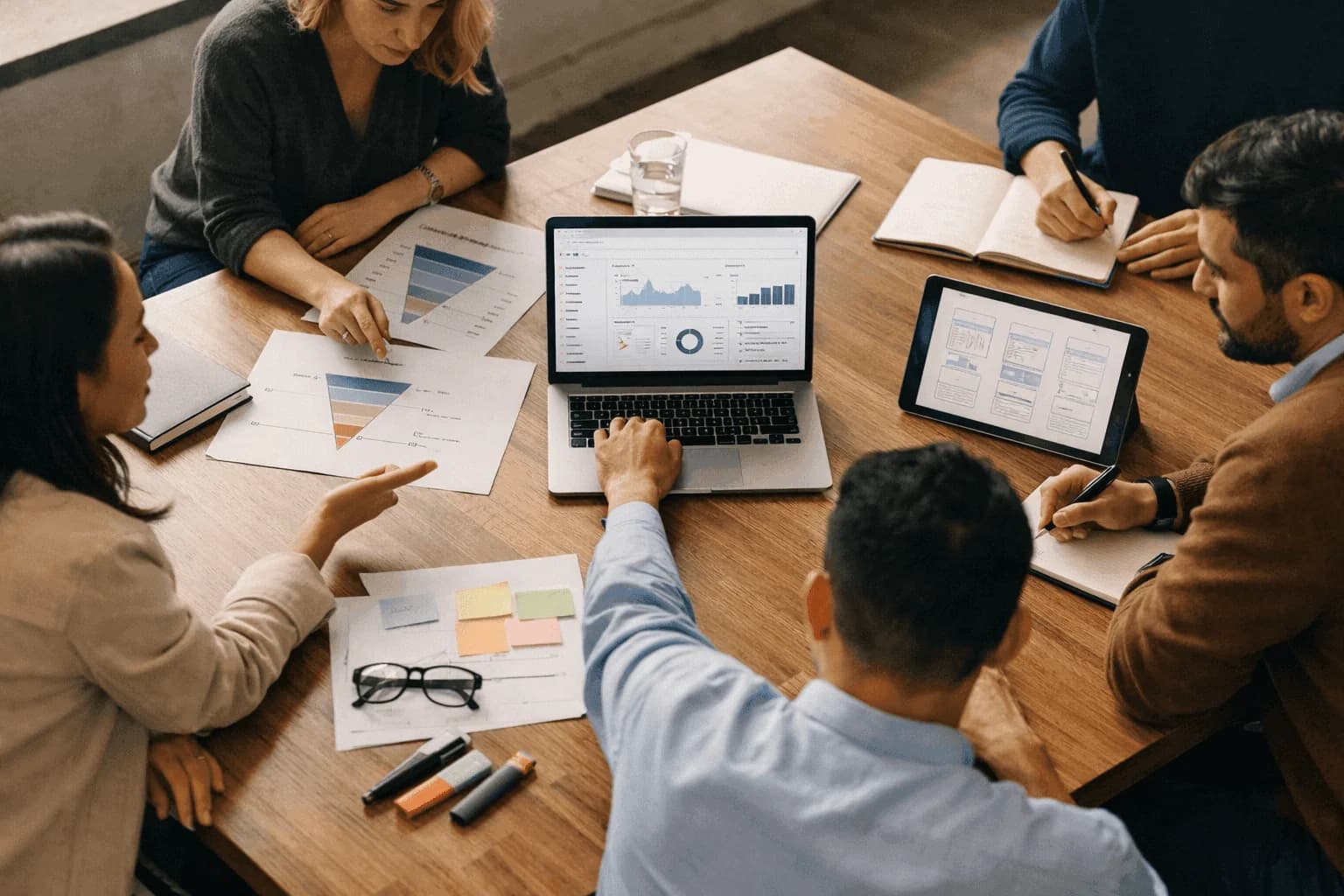 Cross-functional team gathered around a wide work table with design files, data dashboards, and funnel diagrams for performance design across disciplines