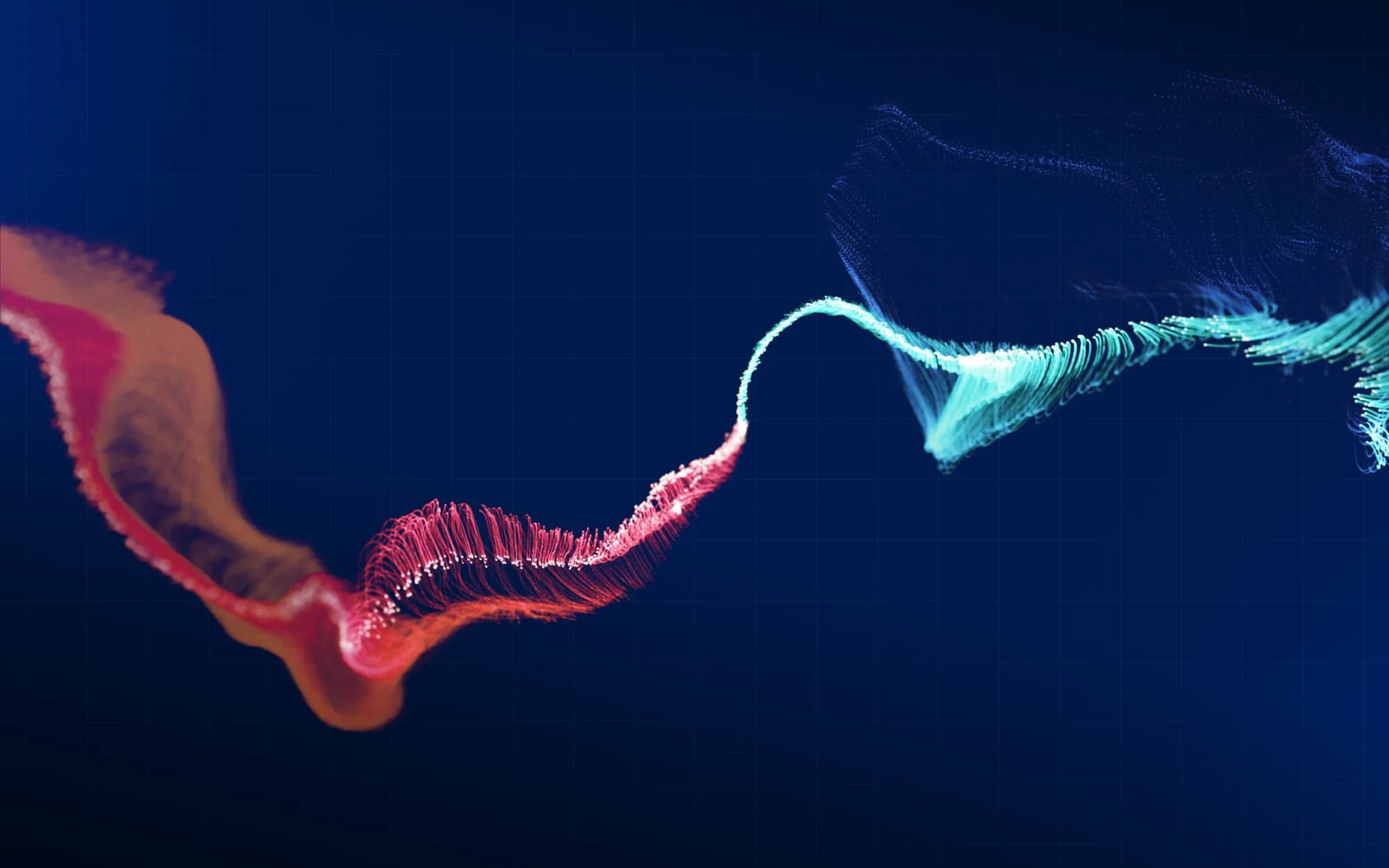 Abstract data flow visualization representing flow-three's performance design methodology, from friction diagnosis to conversion
