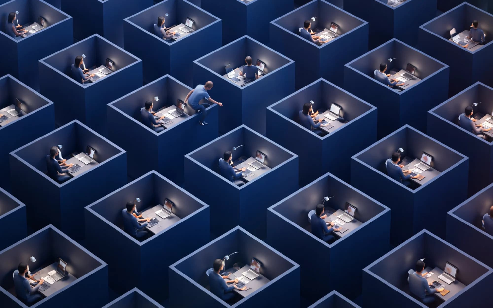 3D render of people sitting in individual boxes arranged in a grid, illustrating how org structures isolate multidisciplinary talent