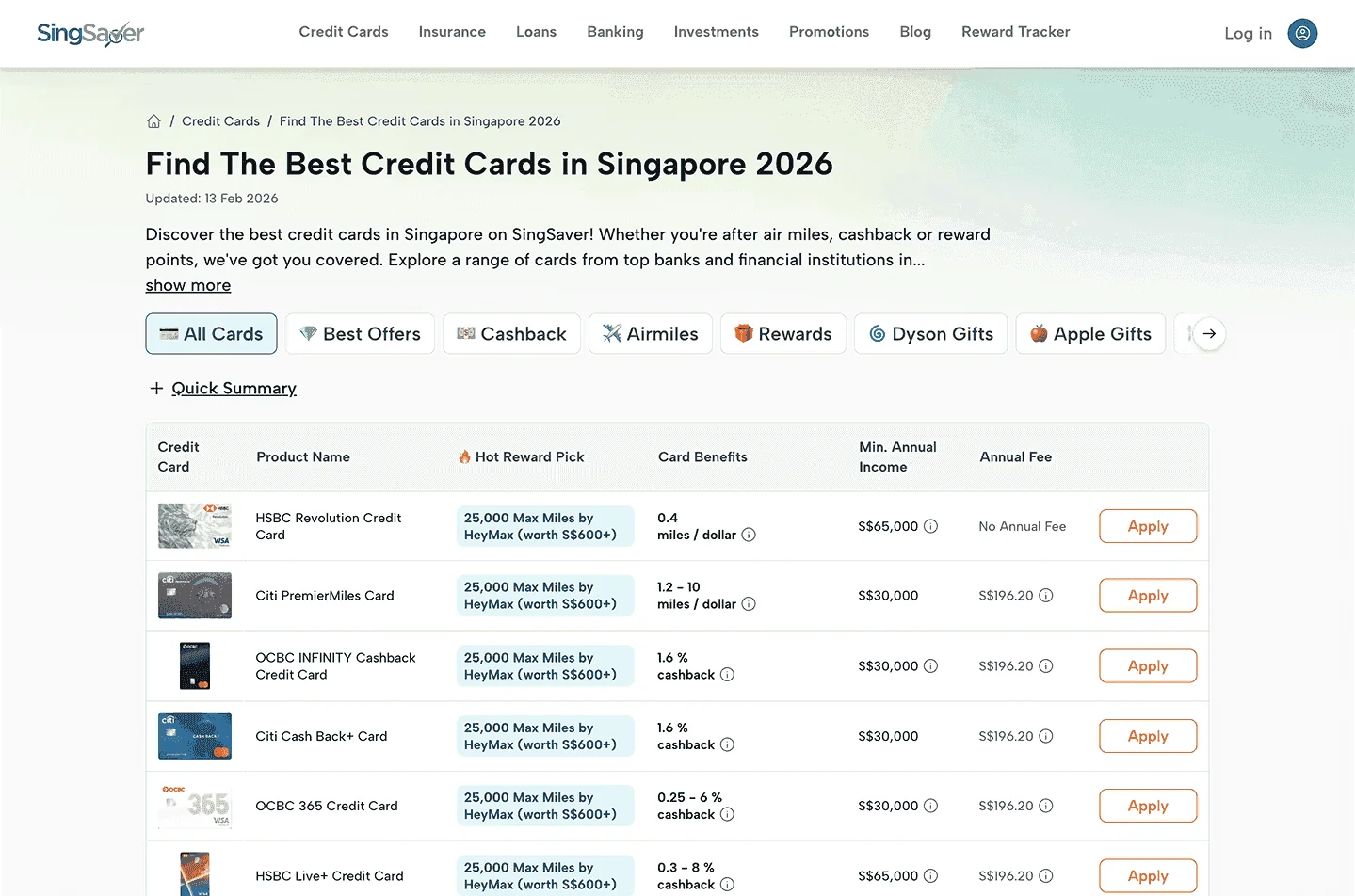 Credit card results page with reward-intent filtering and mobile-optimised card presentation