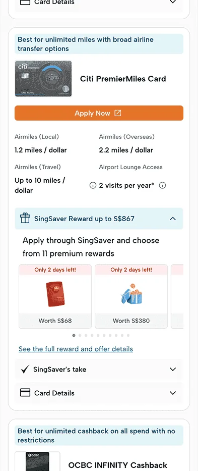 Mobile comparison modal showing separated platform incentives and issuer benefits